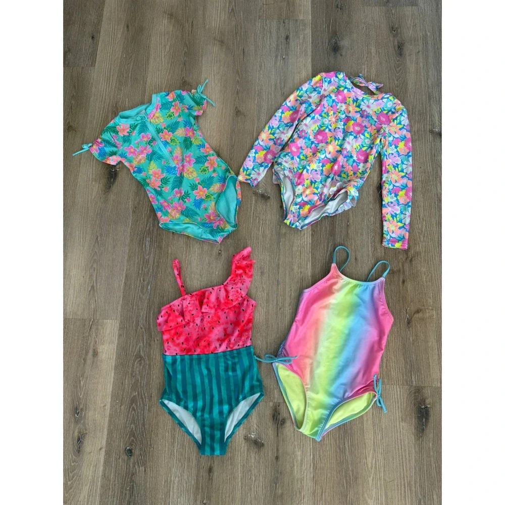 Cat & Jack Coastal One Piece Swimsuit Lot Kids Size S 6/7 Multicolor Floral